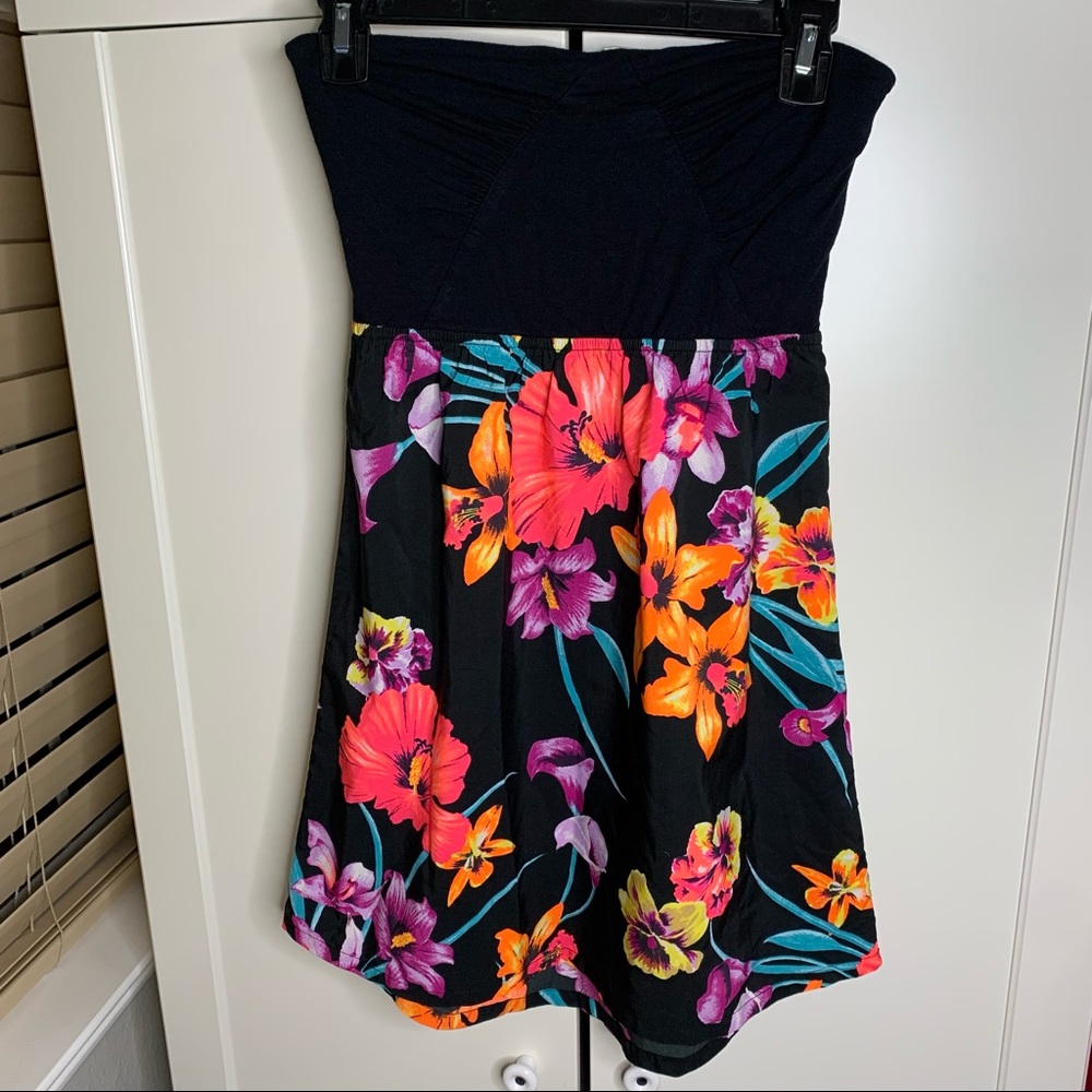 Roxy Strapless Floral Dress — Black with Pink, Orange & Purple Flowers